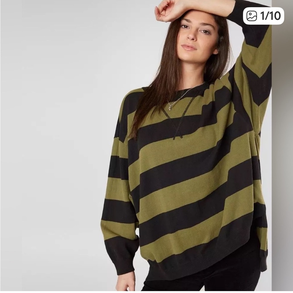 Free People Surfin on Your Stripes Oversized Sweater in Moss & Black